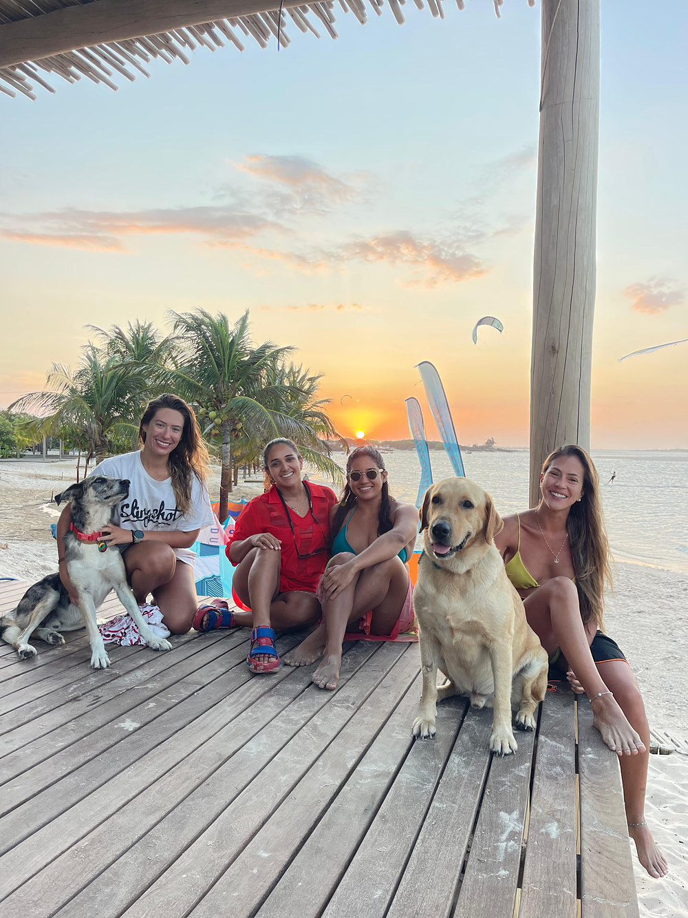 Eugenia, Itana, Maria Amélia e Maria Rita com dois cachorros num deck na praia, ao pôr do sol